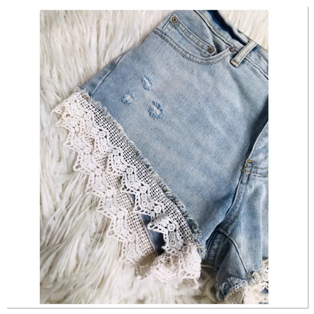 Free People Crochet Lace Hem Jean Shorts  Blue Size 26